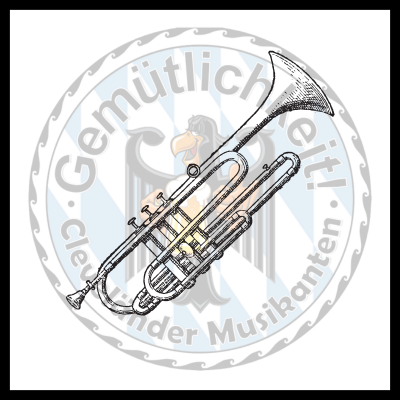 A flugelhorn overlaid on the band logo.